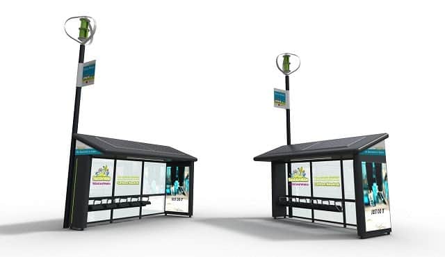 Off-grid bus shelter powered by a micro wind turbine and solar panels