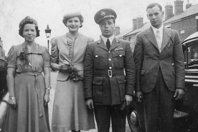 Wedding day, July 27, 1940. From left, bridesmaid Joan Lock, bride Peggy Meyers, Eric, and best man Percy Meyers, Peggy's brother. The picture seems to have been taken in Percy Street, Shrewsbury, where Peggy lived at number 59.
