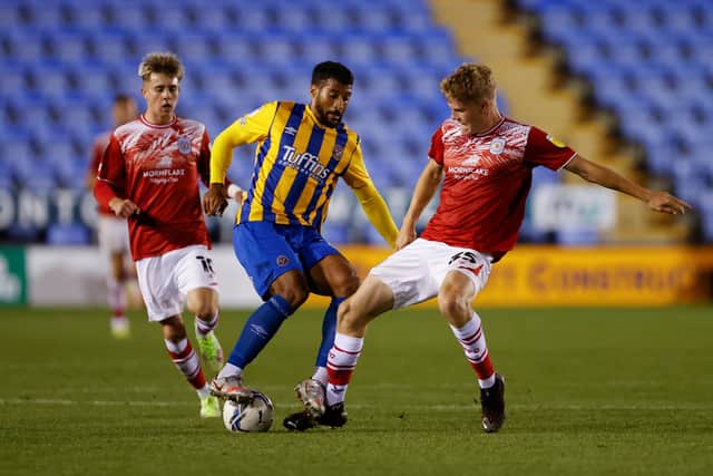 David Davis of Shrewsbury Town and Scott Robertson of Crewe Alexandra (AMA)
