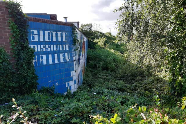 The Giotto mural, near the junction of Wellington Road, Fieldhouse Drive and Donnington Wood Way, Muxton