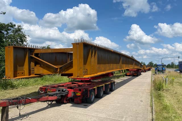 The giant steel beams that will be lifted into place next weekend. Photo: Highways England