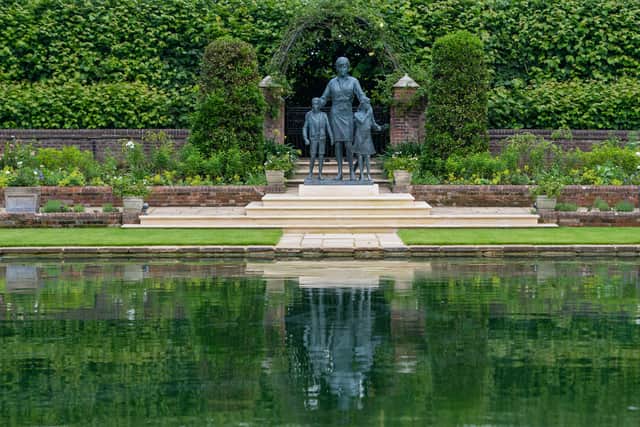 The statue of Diana, Princess of Wales, by artist Ian Rank-Broadley, in the Sunken Garden at Kensington Palace, London.