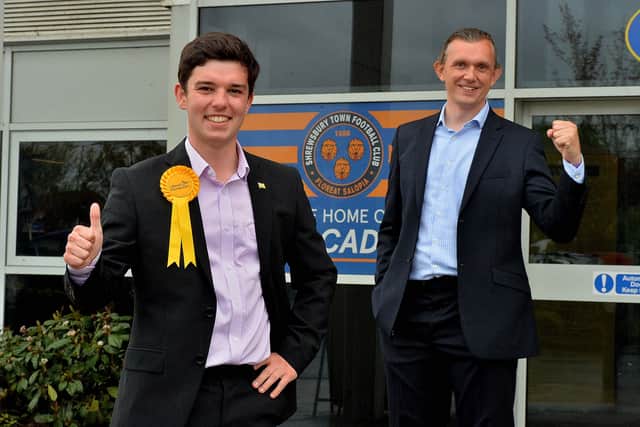 Rob Wilson, right, celebrates with fellow Lib Dem and newly-elected councillor Alex Wagner