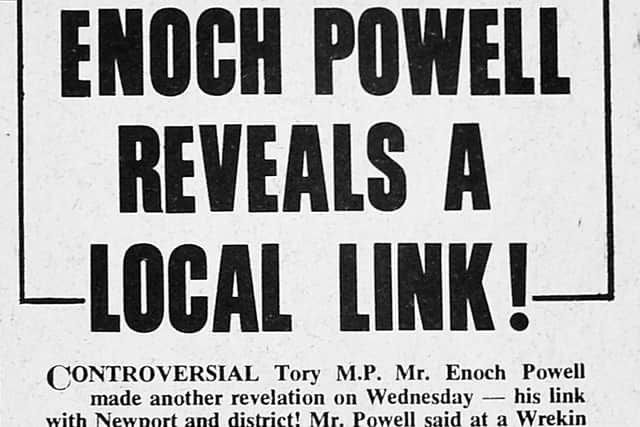 A report in the Newport and Market Drayton Advertiser of Friday, January 10, 1969, revealing the controversial politician's local links.