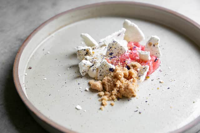 Poached rhubarb with woodruff mousse, meringue, almond biscuit and a blood orange granita