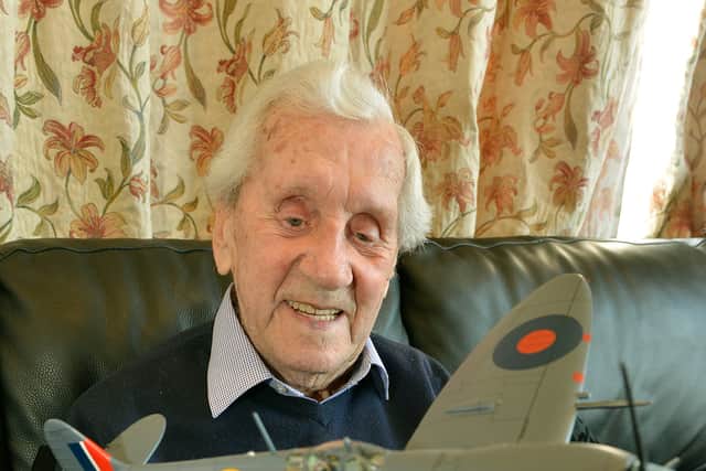 Allan Scott with a large model Spitfire
