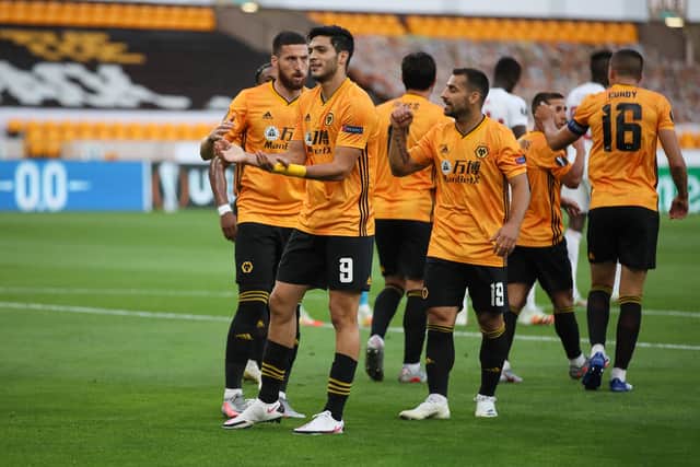 Raul Jimenez of Wolverhampton Wanderers celebrates after scoring a goal to make it 1-0.