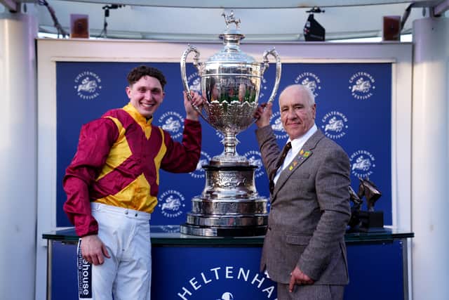 Shropshire jockey Henry Crow (left) with trainer Joe O'Shea after Barton Snow won the Princess Royal Challenge Cup Open Hunters' Chase at the Cheltenham Festival. Picture: PA