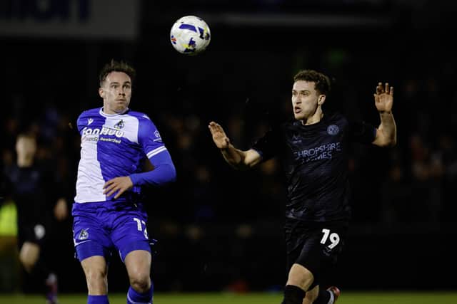 Iwan Morgan of Shrewsbury Town looks to get forward against Bristol Rovers 
