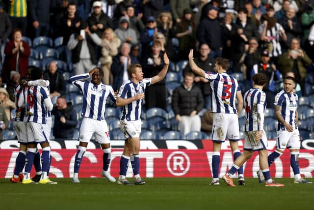 Albion celebrate their second goal in the win over Hull (Photo by Adam Fradgley/West Bromwich Albion FC via Getty Images)