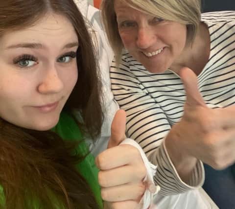 Grace pictured with her mum Annette before surgery to get a biopsy and Hickman line inserted.