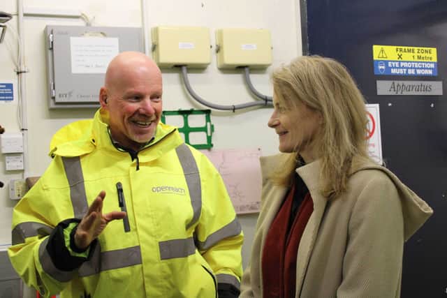 Broadband Minister, Liz Lloyd, with Openreach partnership director Martin Williams