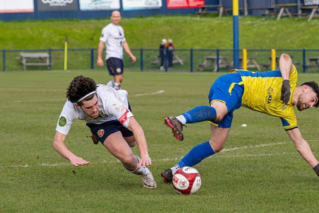Shifnal Town vs Trafford. Kieran Cook is brought down in box but no penalty is given. Picture: Jim Wall