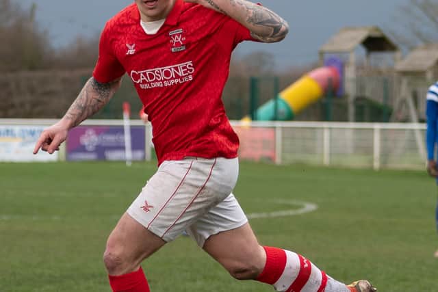 Alex Hughes celebrates scoring for Whitchurch Alport against Lye Town. Picture: Liam Pritchard