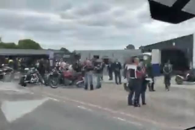 Bikers congregated on the Wem to Whitchurch road on Sunday. Photo: Vicky Groom