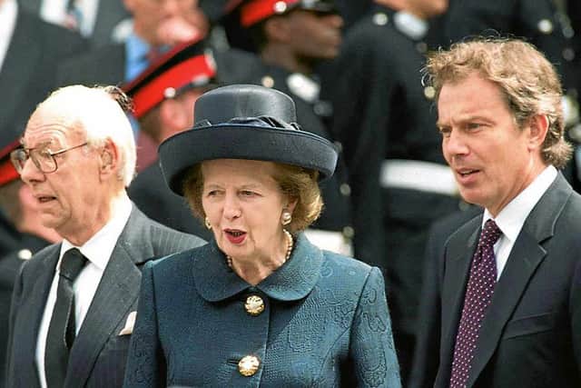 Margaret Thatcher with Tony Blair and husband Denis in 1999
