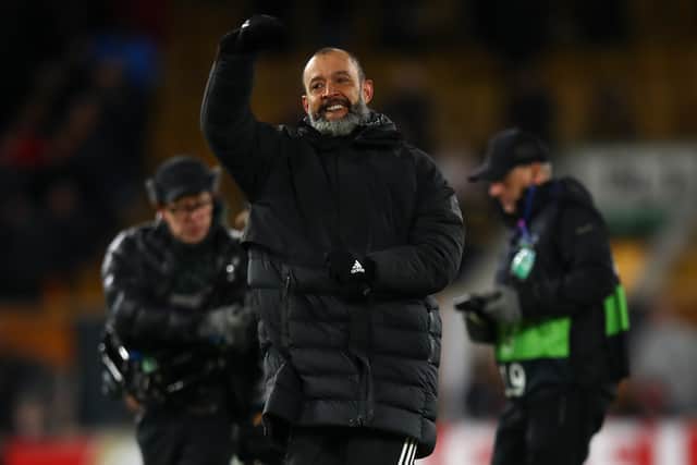 Nuno Espirito Santo the head coach / manager of Wolverhampton Wanderers celebrates at full time. (AMA)