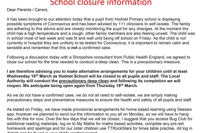 The letter from Hodnet Primary School to parents explaining why the school is shut for a deep clean