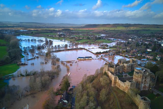 Aerial photos show Ludlow flooding after Storm Dennis. Photo: Luke Smith/Lukazure
