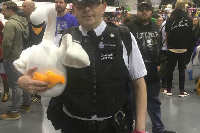 Dan Gillespie dressed as Sgt Nicholas Angel