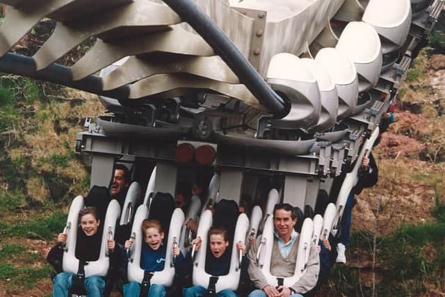 Prince William and Prince Harry on board Nemesis as they enjoy a thrilling day out at Alton Towers Resort