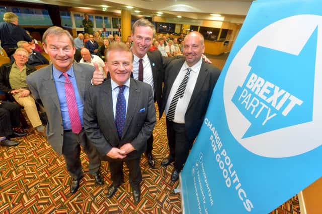 Brexit Party MEPs Rupert Lowe, Andrew Kerr and Martin Daubney with event chairman Bill Etheridge