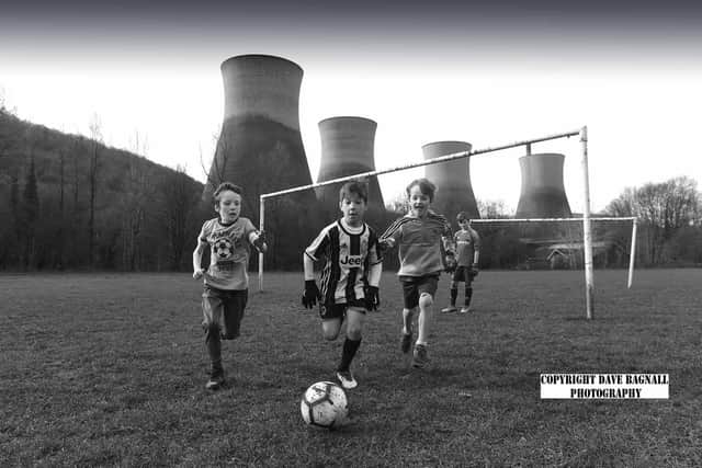 Boys playing football near Ironbridge Power Station. Photo: David Bagnall Photography