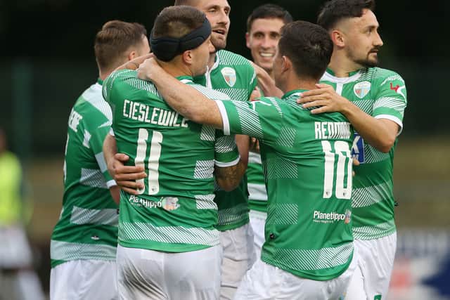 The New Saints' Greg Draper celebrates scoring his side's first goal from a penalty 