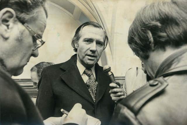 John Stonehouse being interviewed in Walsall in March 1976, before he resigned the whip
