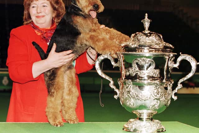 Winner of the Best in Show, male Welsh terrier Saredon Forever Young, poses with his owner Judy Averis and the trophy at Crufts