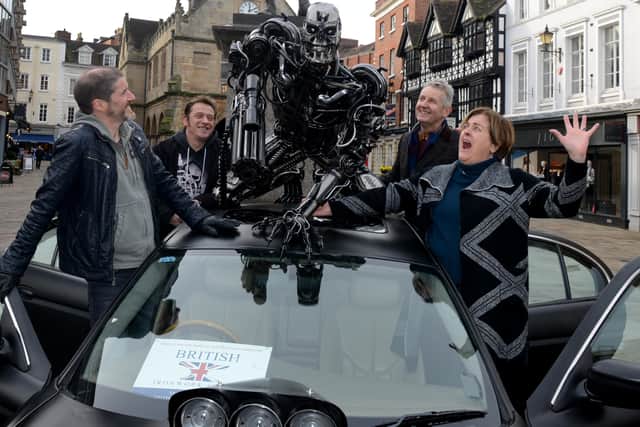 With The Terminator are Charlie Adlard, Luke Kite, Clive Knowles from the Ironwork Centre and Jane Mackenzie