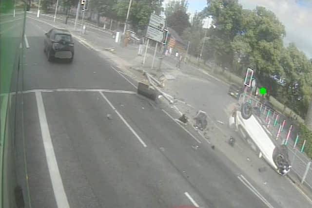 Screen grab taken from CCTV footage
of Chukwuemeka Ahanonu's overturned car near Leicester Royal Infirmary.