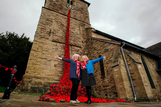 Sarah Barnsley and Kate Pearce with the waterfall at St Mary’s Church