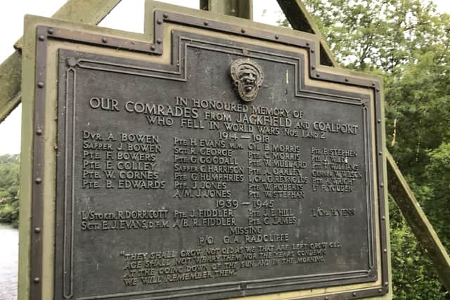 The plaque at the bridge honouring men who died fighting in the First World War and Second World War