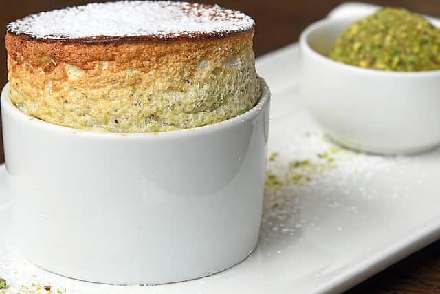 Light bite – pistachio and elderberry soufflé