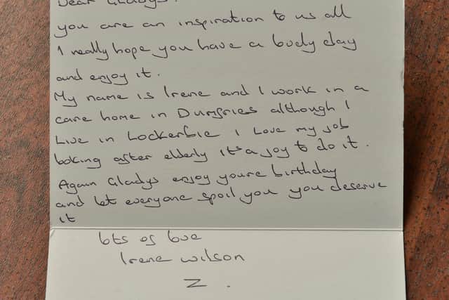 Gladys received cards from well-wishers around the UK, including this one from Irene Wilson in Dumfries