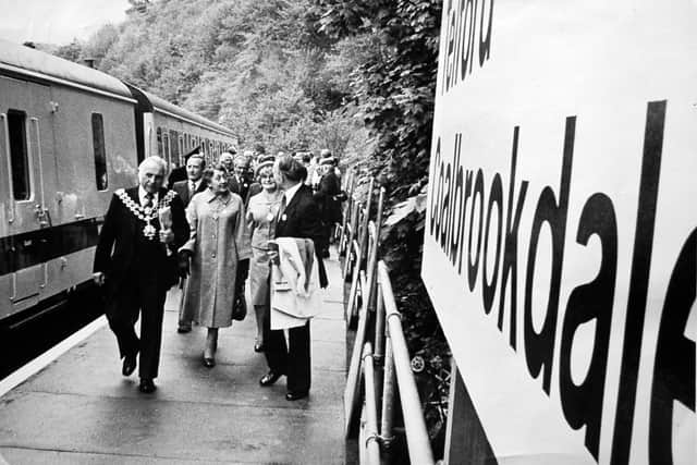 Guests leave the first Sunday passenger train into the new Coalbrookdale station in 1979
