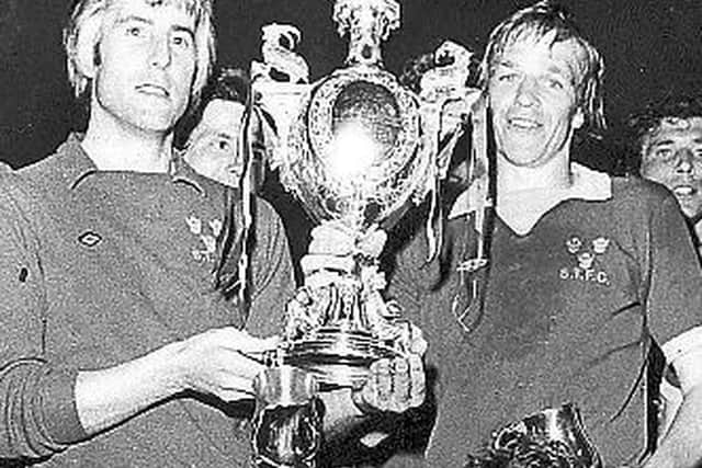 Former goalkeeper Ken Mulhearn, left, Graham Turner celebrating Welsh Cup success in 1979
