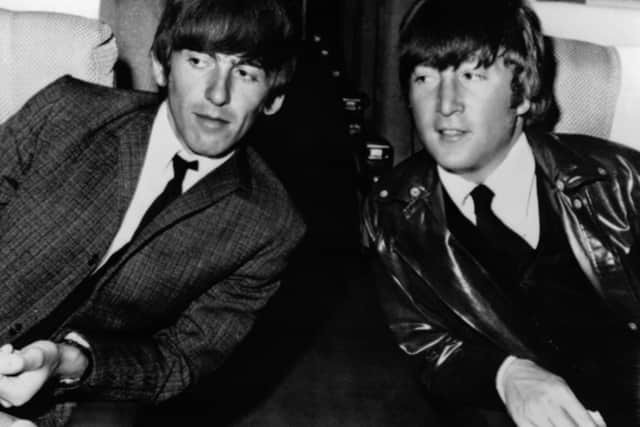 George Harrison, left, and John Lennon, right