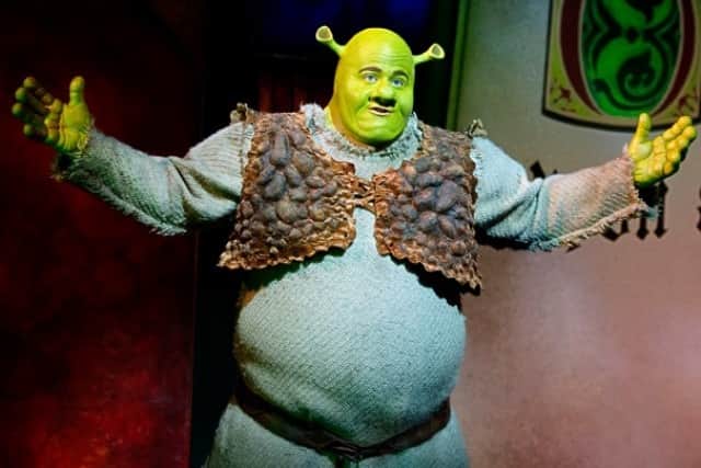 Steffan Harri as Shrek. Shrek the Musical. Photos by: Helen Maybanks