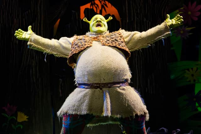 Steffan Harri as Shrek. Shrek the Musical. Photos by: Helen Maybanks