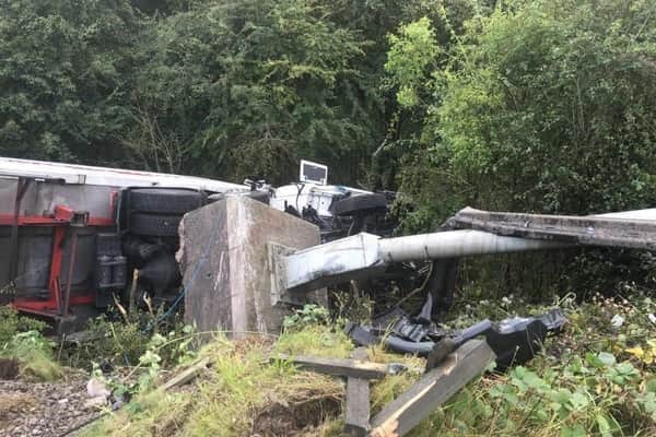 The overturned lorry following the crash.