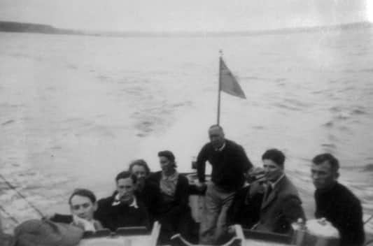 PJ Darby at the stern of the Anne. Extreme right is Sammy Lewis, who was killed at Dunkirk. Anne's father Jack Thompson is next to him, and her mother Joan is fourth from left.