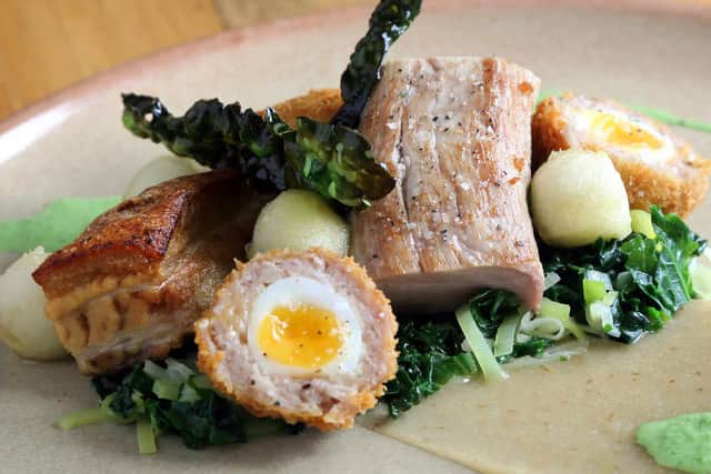 Three is the magic number – trio of Pork with burnt apple purée and pickled apples