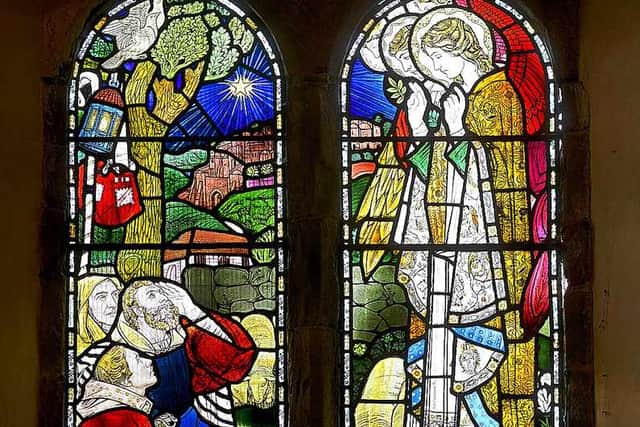 Beautiful stained glass windows at the church in Stokesay