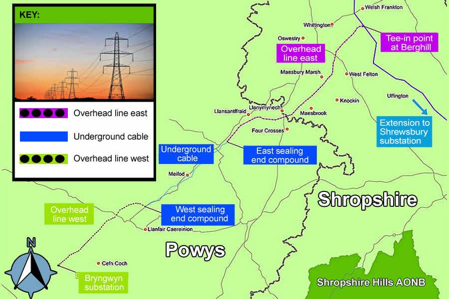 Uk Power Line Map Map shows planed route for power line from Mid Wales to Shropshire