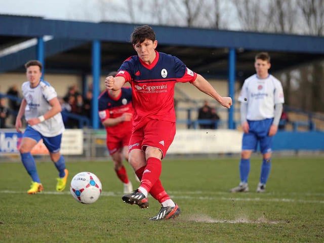 GOAL - Sean Clancy of AFC Telford United scores a goal to make it 0-2 from the penalty spot
