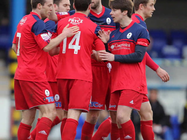 Shaun Whalley of AFC Telford United celebrates after scoring a goal to make it 2-4 with his team-mates