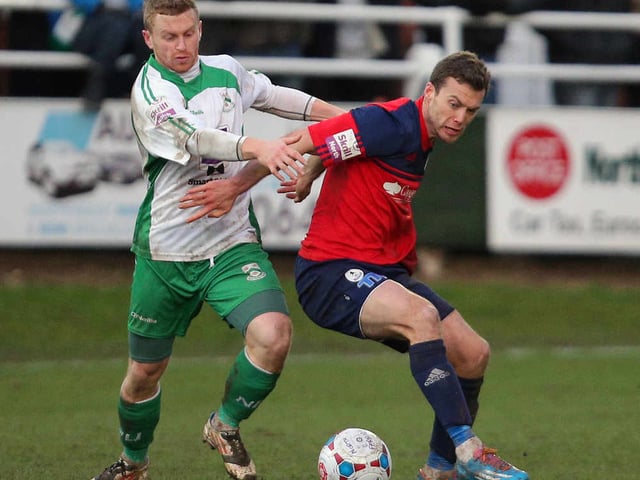 Nathan Peat of North Ferriby United and Shaun Whalley of AFC Telford United