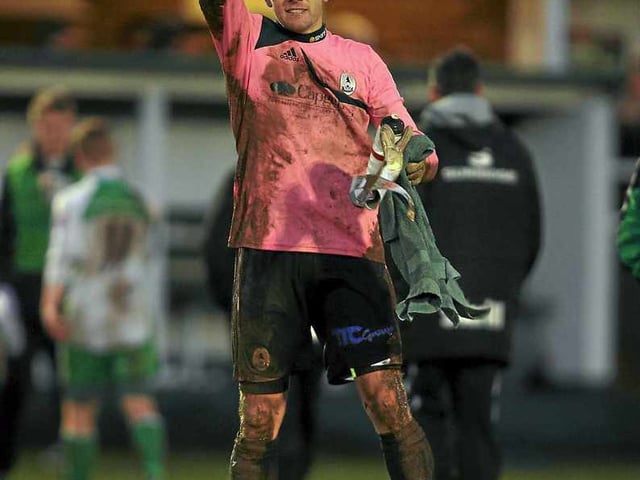 Ryan Young of AFC Telford United on his 350th appearance for the club thanks the travelling fans after the match